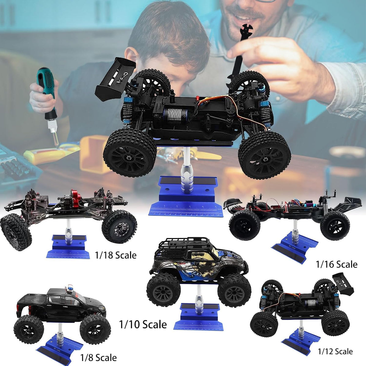 RC Car Stand RC Repair Stand 360 Degree Rotation Lift or Lower for Traxxas Arrma Redcat Axial RC4WD HSP Losi 1/8 1/10 1/12 1/16 Scale RC Crawler Car Truck Buggies (Navy Blue)