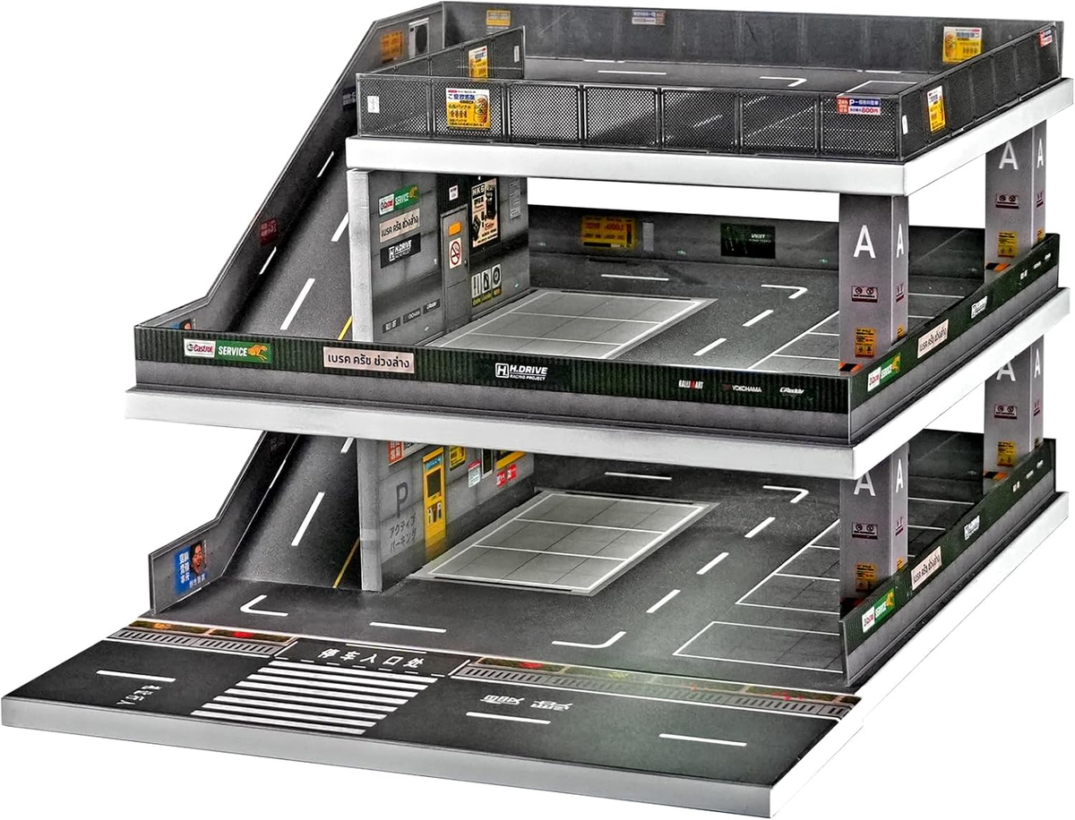 1:64 Die-Cast Car Display Case. Open-Air Parking Lot Scene with Ramp Structure. Car Model Display Stand, Suitable for Hot Wheels Vehicles. (Grayish Green)