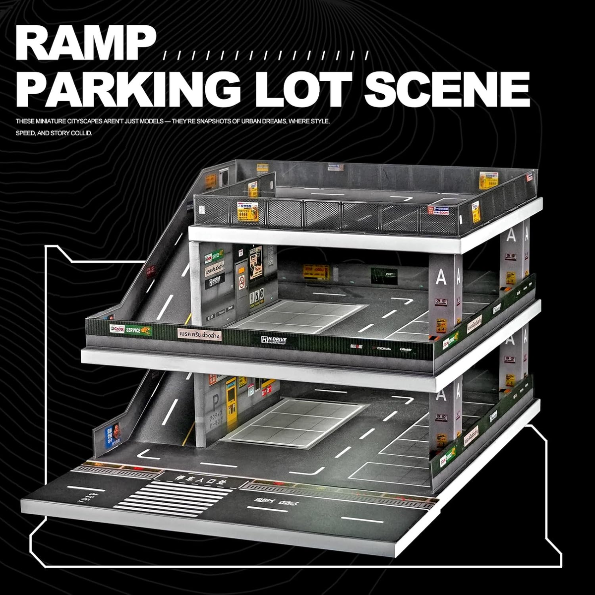 1:64 Die-Cast Car Display Case. Open-Air Parking Lot Scene with Ramp Structure. Car Model Display Stand, Suitable for Hot Wheels Vehicles. (Grayish Green)