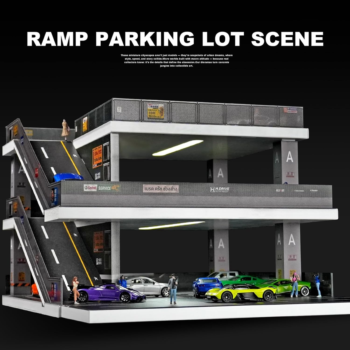 1:64 Die-Cast Car Display Case. Open-Air Parking Lot Scene with Ramp Structure. Car Model Display Stand, Suitable for Hot Wheels Vehicles. (Grayish Green)