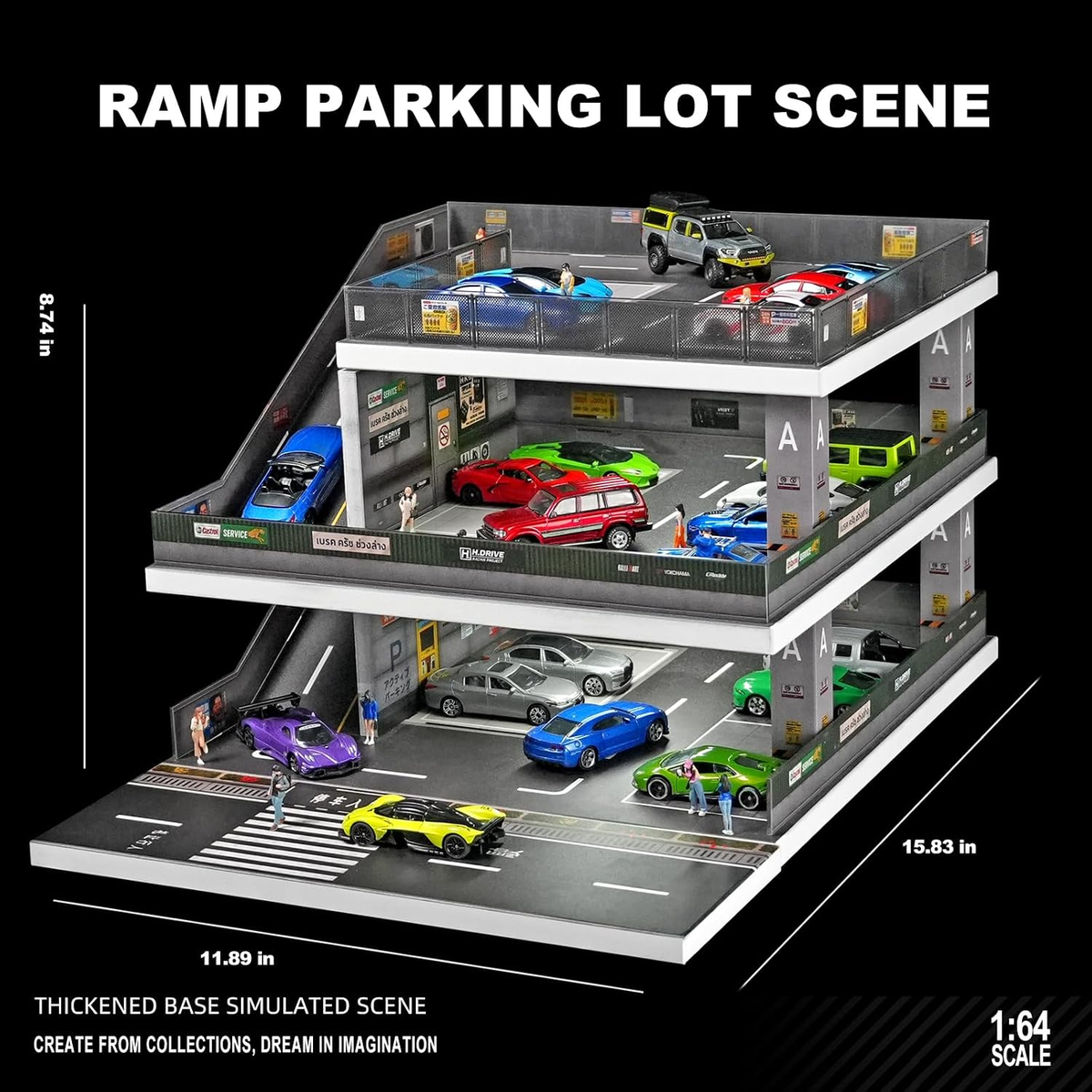 1:64 Die-Cast Car Display Case. Open-Air Parking Lot Scene with Ramp Structure. Car Model Display Stand, Suitable for Hot Wheels Vehicles. (Grayish Green)