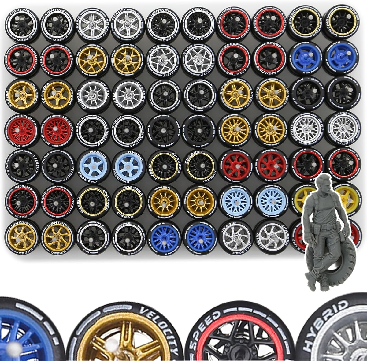 1/64 Wheels Mixed/Random Real Ridersprinted Simulation Wheel Rims Tires Set for 10 Cars 1/64 Scale (01)