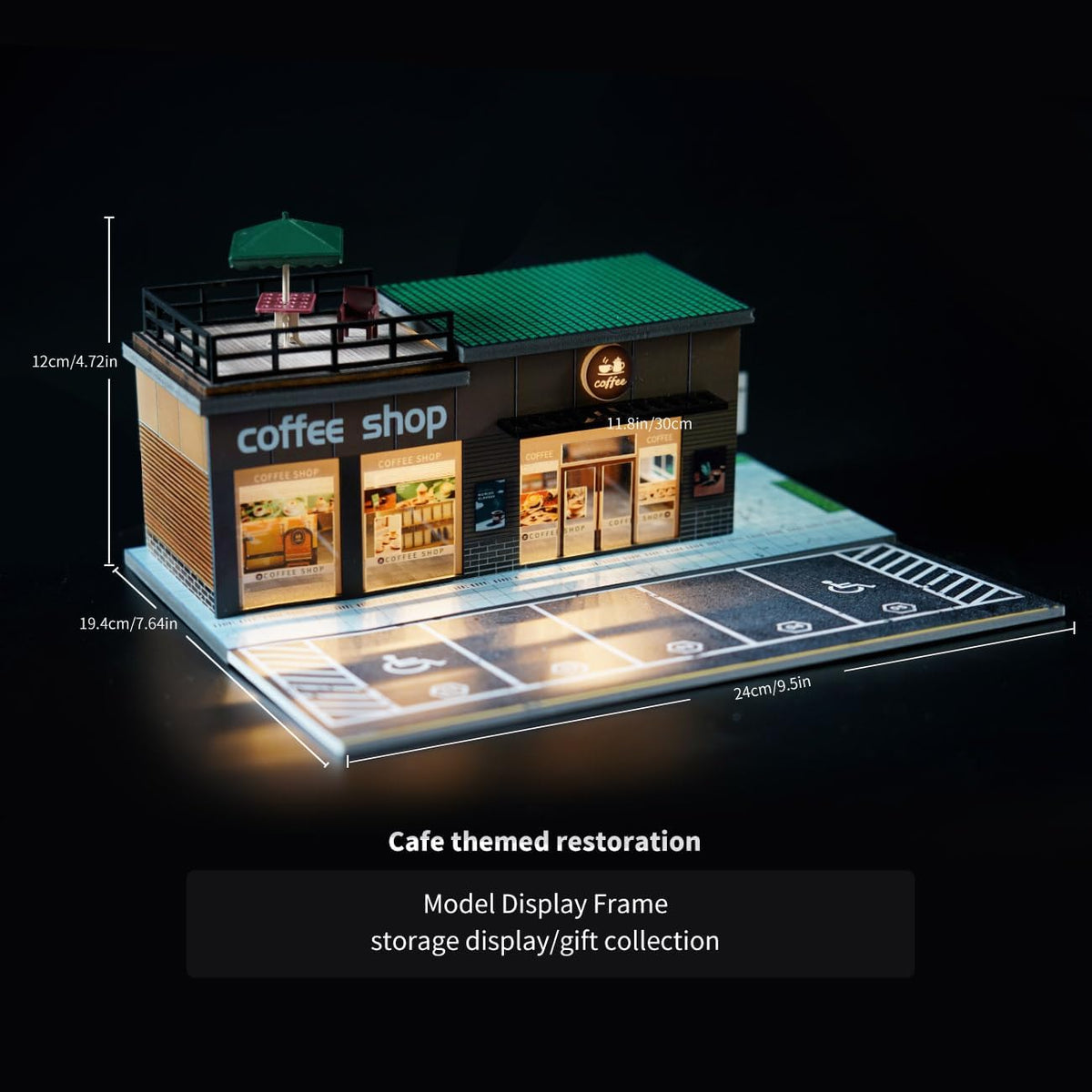 1/64 Diorama Garage, Model Car Garage and Display Case, Coffee House Diorama Display Parking Lot with LED Lights and 5 Outdoor Parking Spaces for Toy Car Collectors