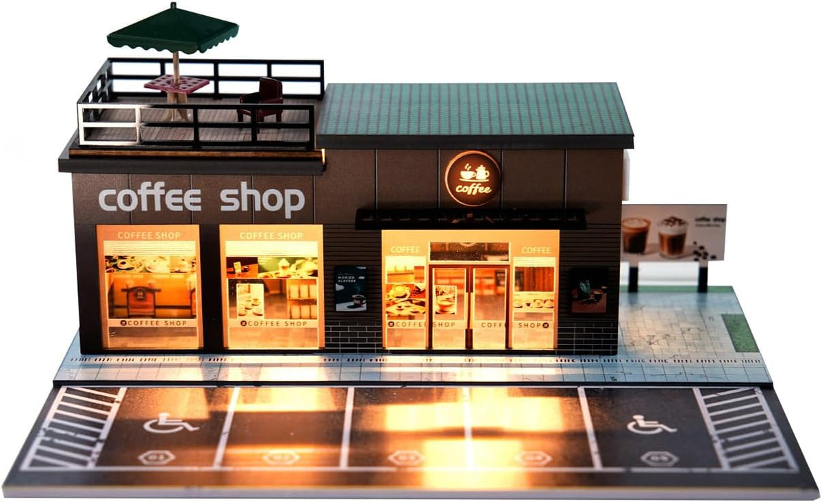 1/64 Diorama Garage, Model Car Garage and Display Case, Coffee House Diorama Display Parking Lot with LED Lights and 5 Outdoor Parking Spaces for Toy Car Collectors