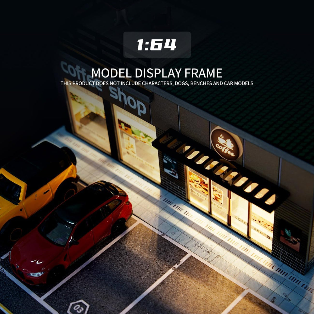 1/64 Diorama Garage, Model Car Garage and Display Case, Coffee House Diorama Display Parking Lot with LED Lights and 5 Outdoor Parking Spaces for Toy Car Collectors