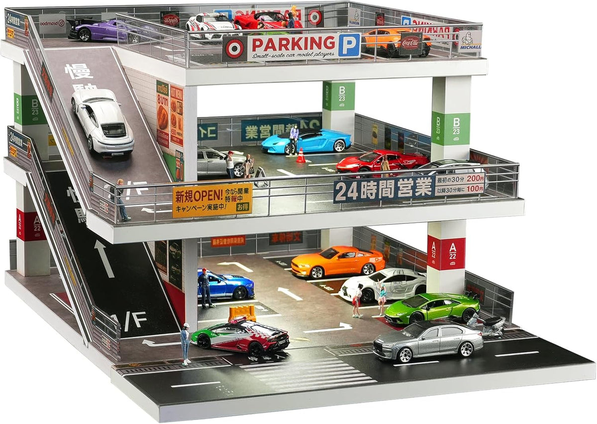 1:64 Die-Cast Car Display Case. Open-Air Parking Lot Scene with Ramp Structure. Car Model Display Stand, Suitable for Hot Wheels Vehicles. (Light Gray)